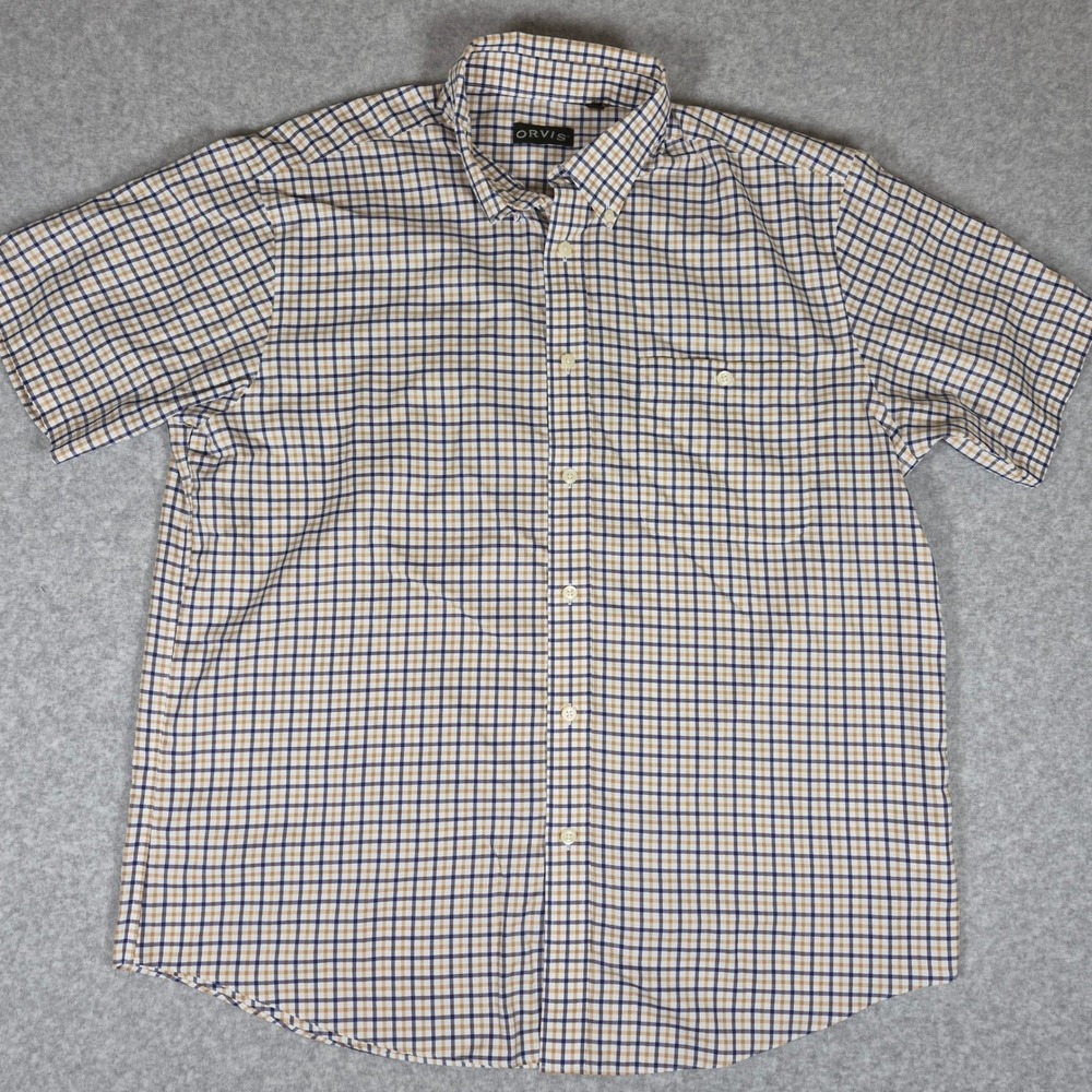 Orvis Button Down Shirt Mens XL Blue Tan Plaid Wrinkle Free Short Sleeve